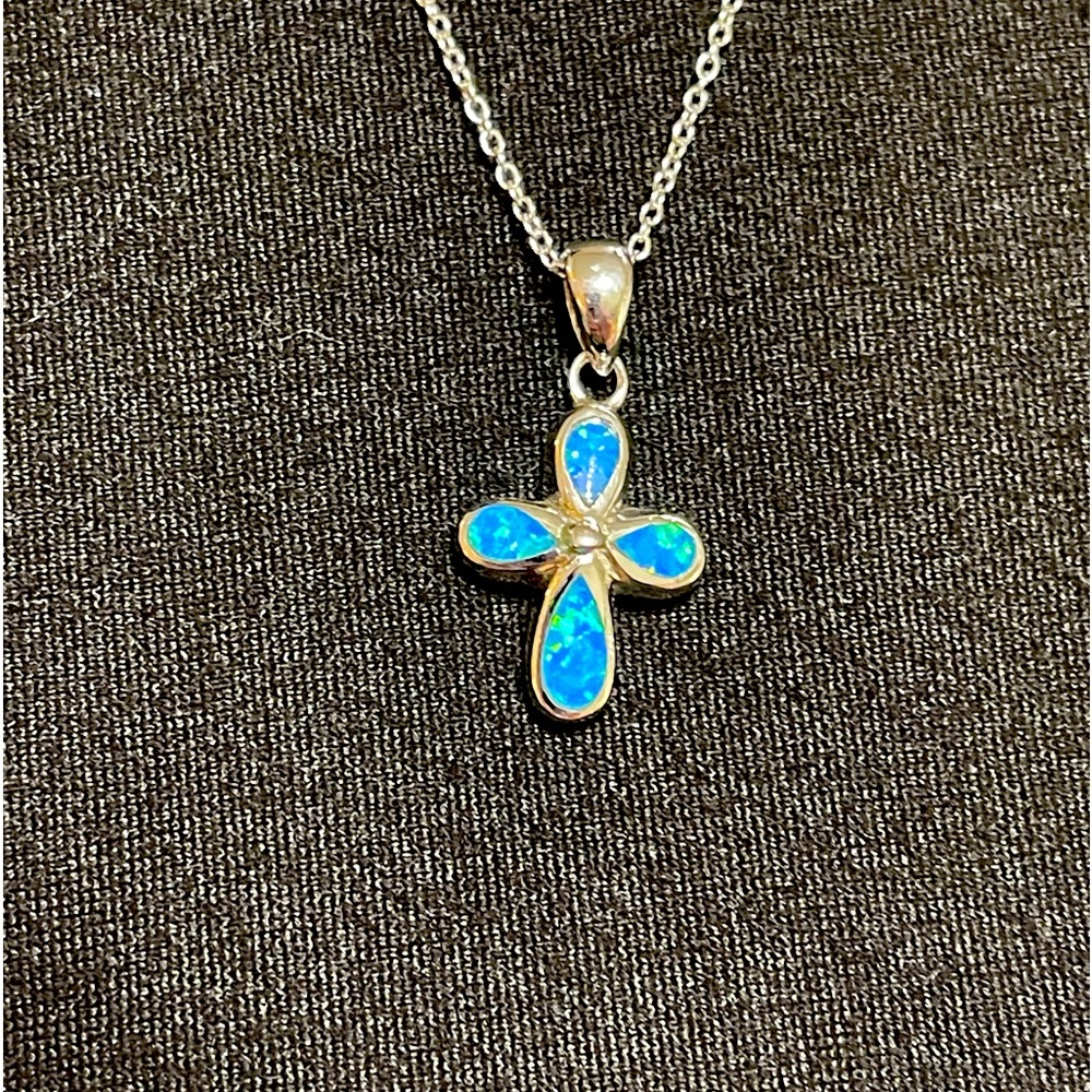 Sterling silver and opal cross pendant and chain